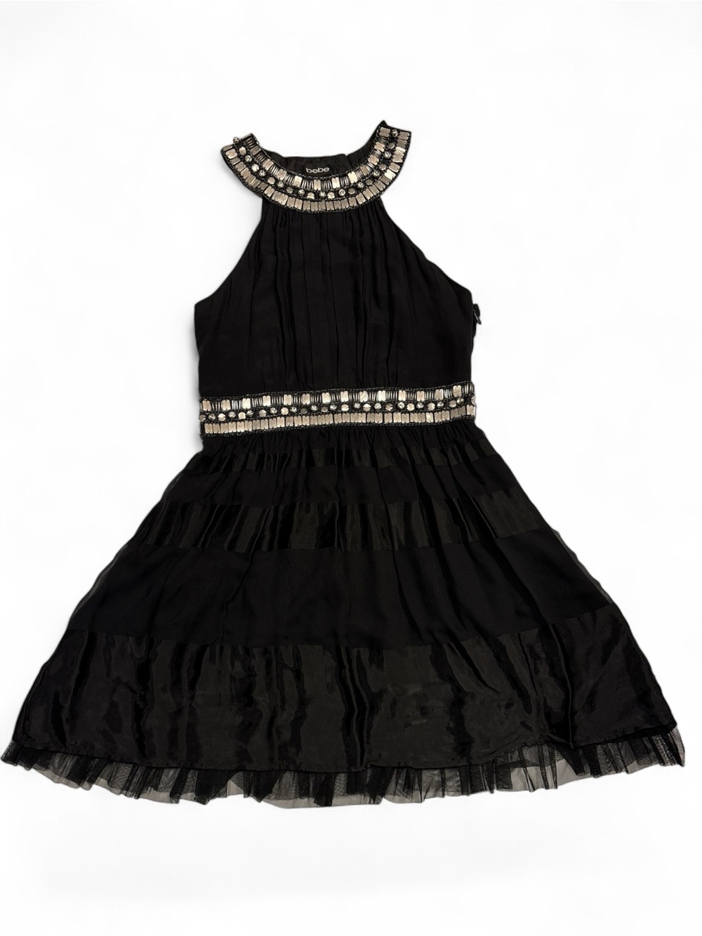 Bebe Beaded Neckline and Waist Black Mini Cocktail Dress SZ. M
